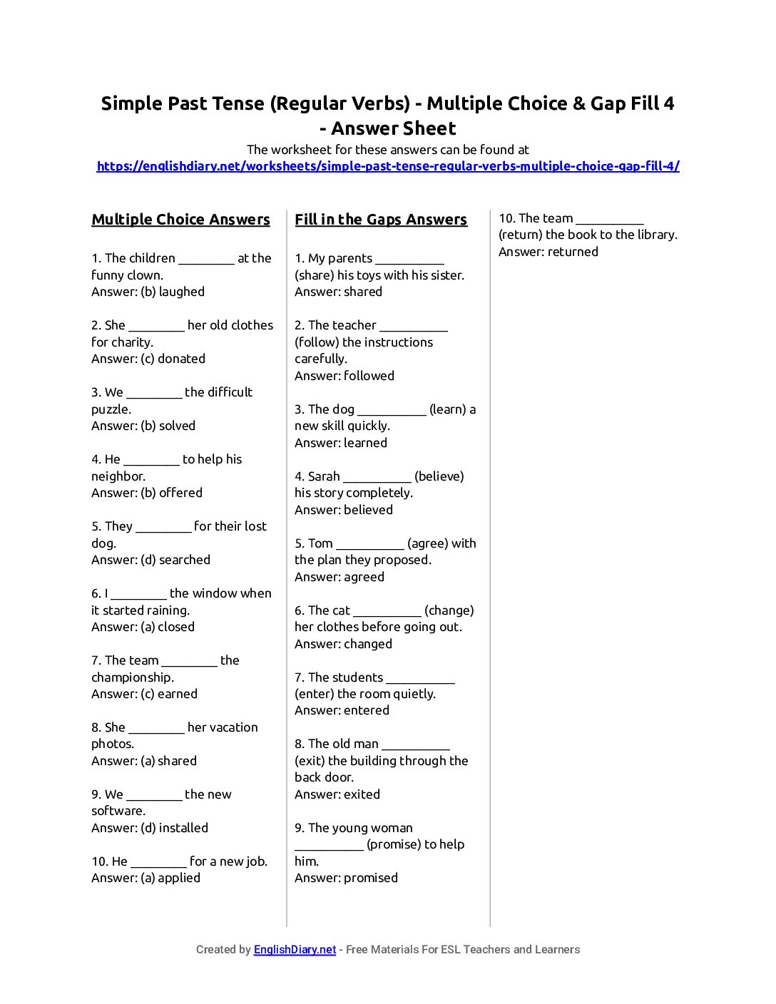 Preview of Simple Past Tense (Regular Verbs) - Multiple Choice & Gap Fill 4 Answer Sheet