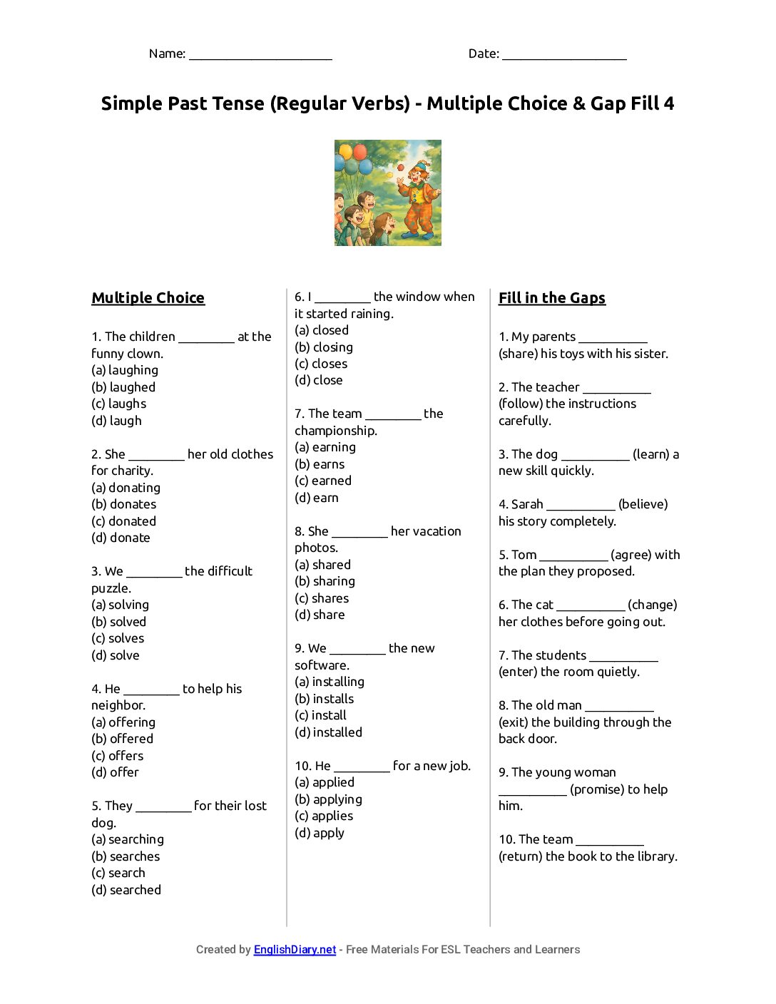 Preview of Simple Past Tense (Regular Verbs) - Multiple Choice & Gap Fill 4 Worksheet