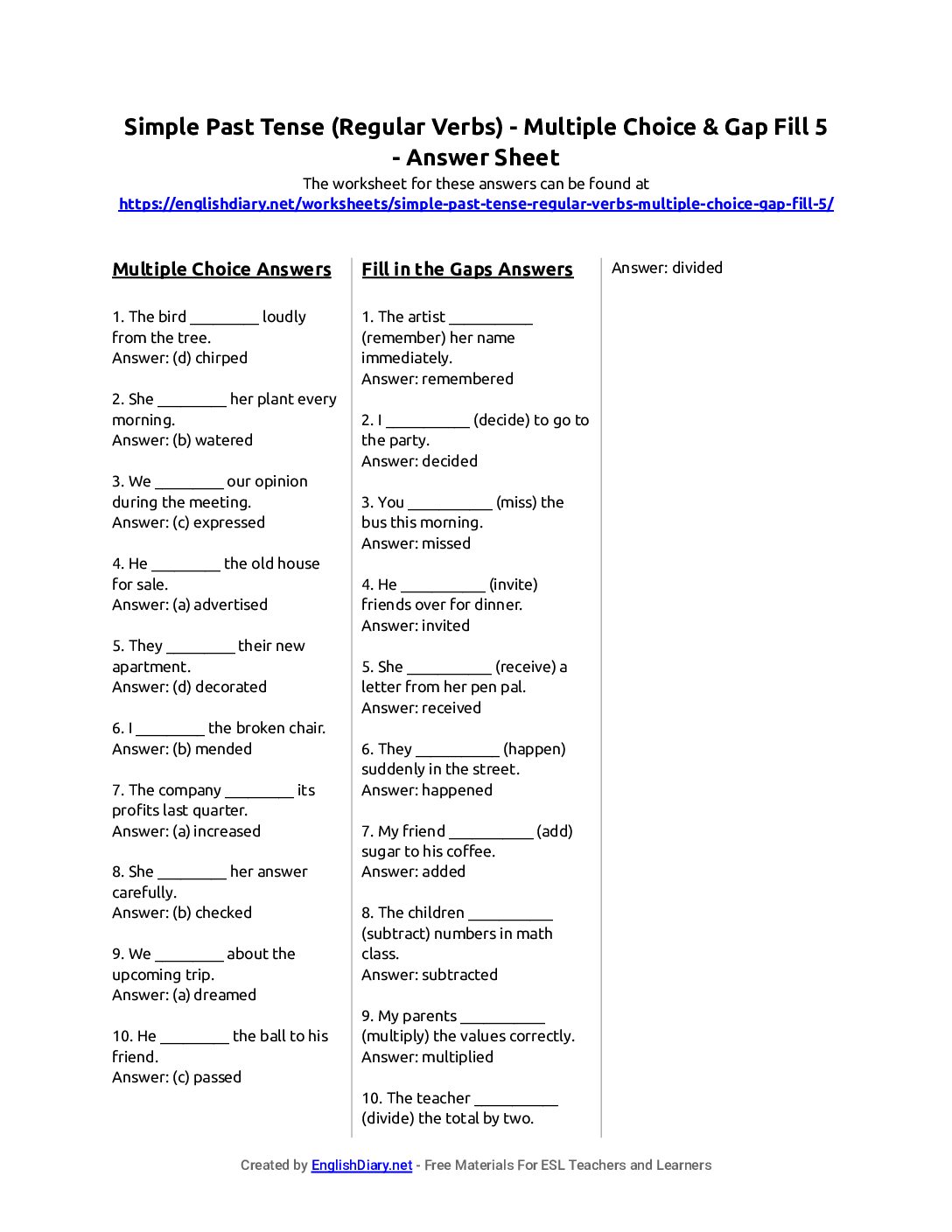 Preview of Simple Past Tense (Regular Verbs) - Multiple Choice & Gap Fill 5 Answer Sheet