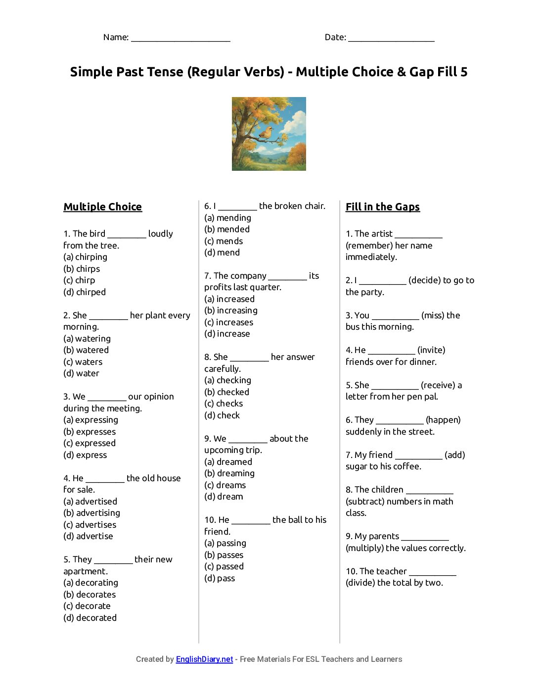 Preview of Simple Past Tense (Regular Verbs) - Multiple Choice & Gap Fill 5 Worksheet