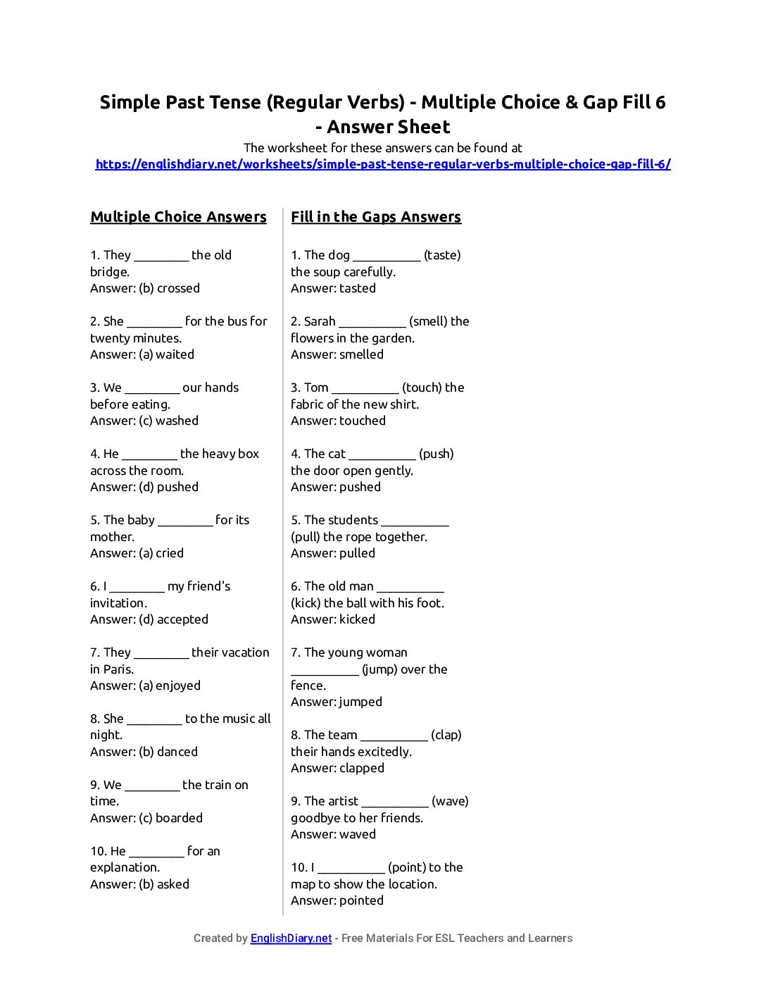 Preview of Simple Past Tense (Regular Verbs) - Multiple Choice & Gap Fill 6 Answer Sheet