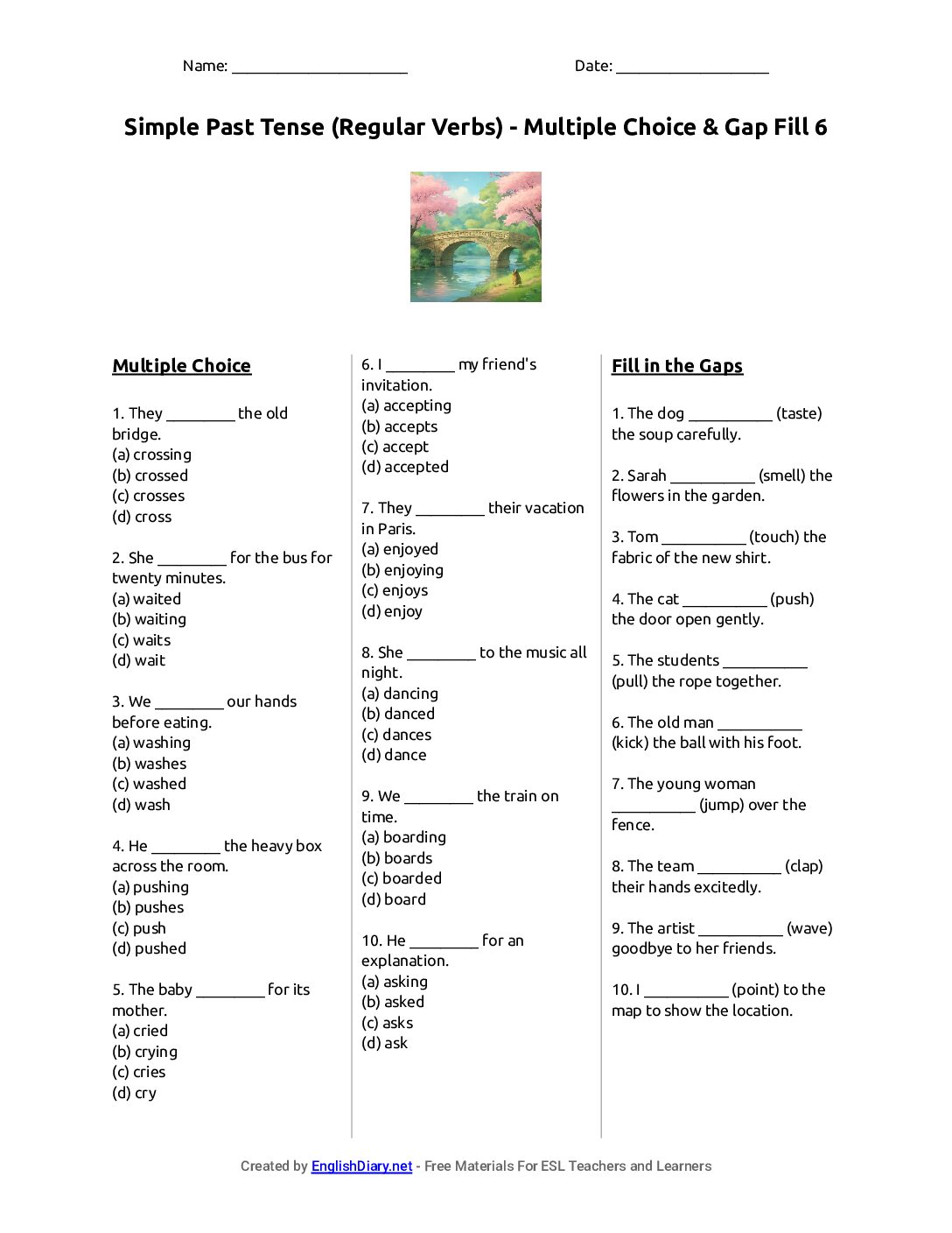 Preview of Simple Past Tense (Regular Verbs) - Multiple Choice & Gap Fill 6 Worksheet
