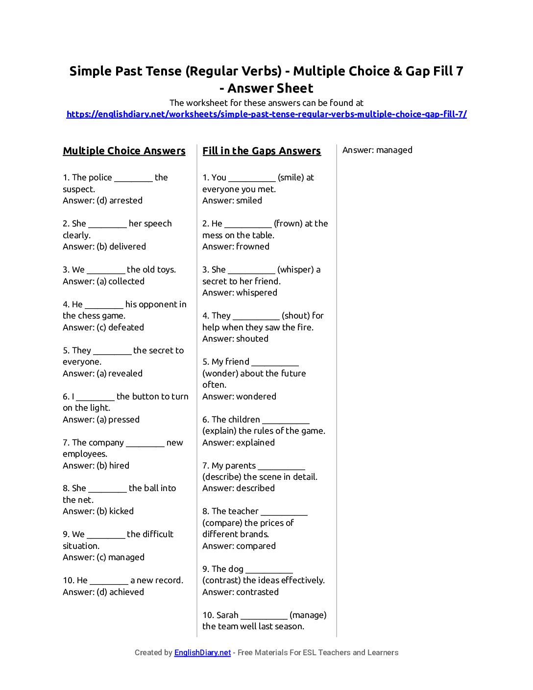 Preview of Simple Past Tense (Regular Verbs) - Multiple Choice & Gap Fill 7 Answer Sheet