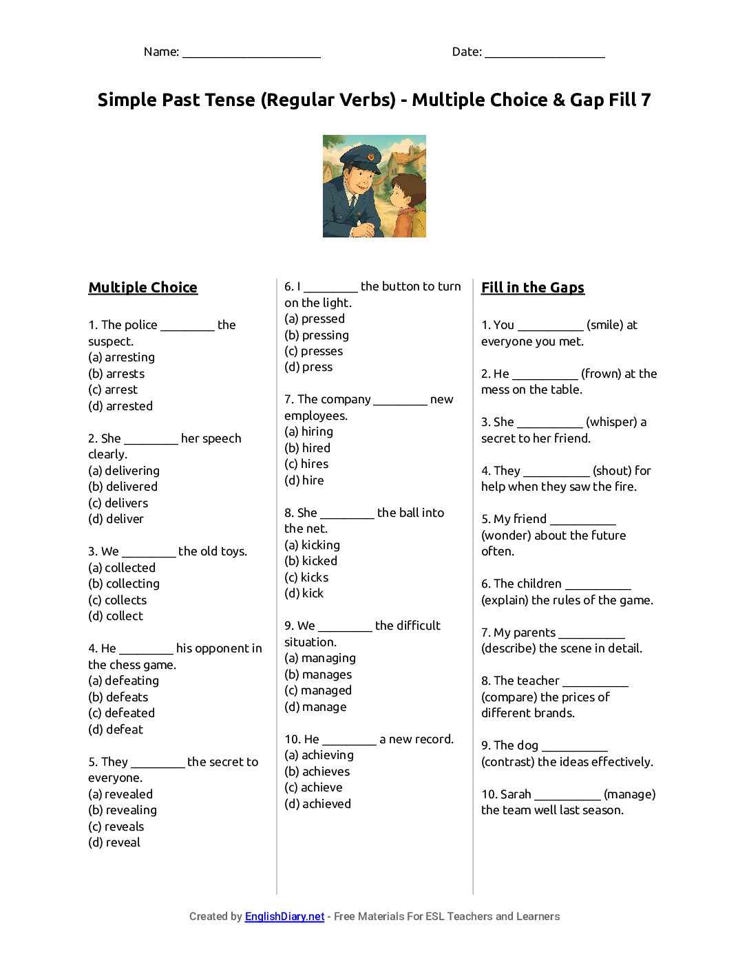Preview of Simple Past Tense (Regular Verbs) - Multiple Choice & Gap Fill 7 Worksheet