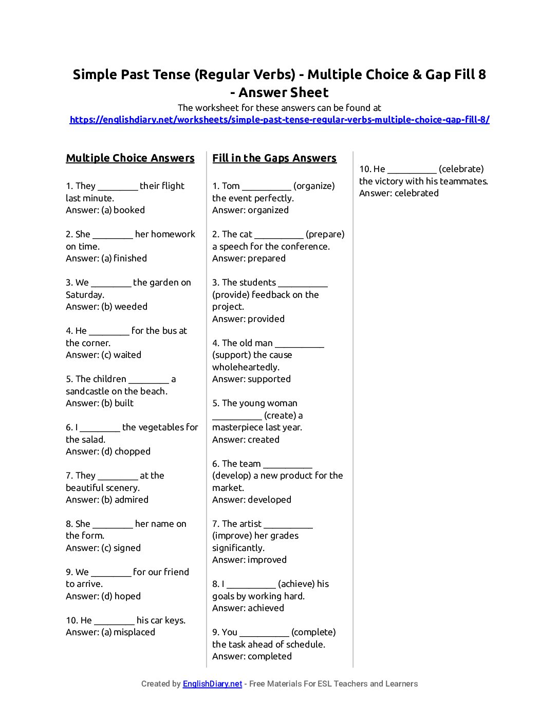 Preview of Simple Past Tense (Regular Verbs) - Multiple Choice & Gap Fill 8 Answer Sheet