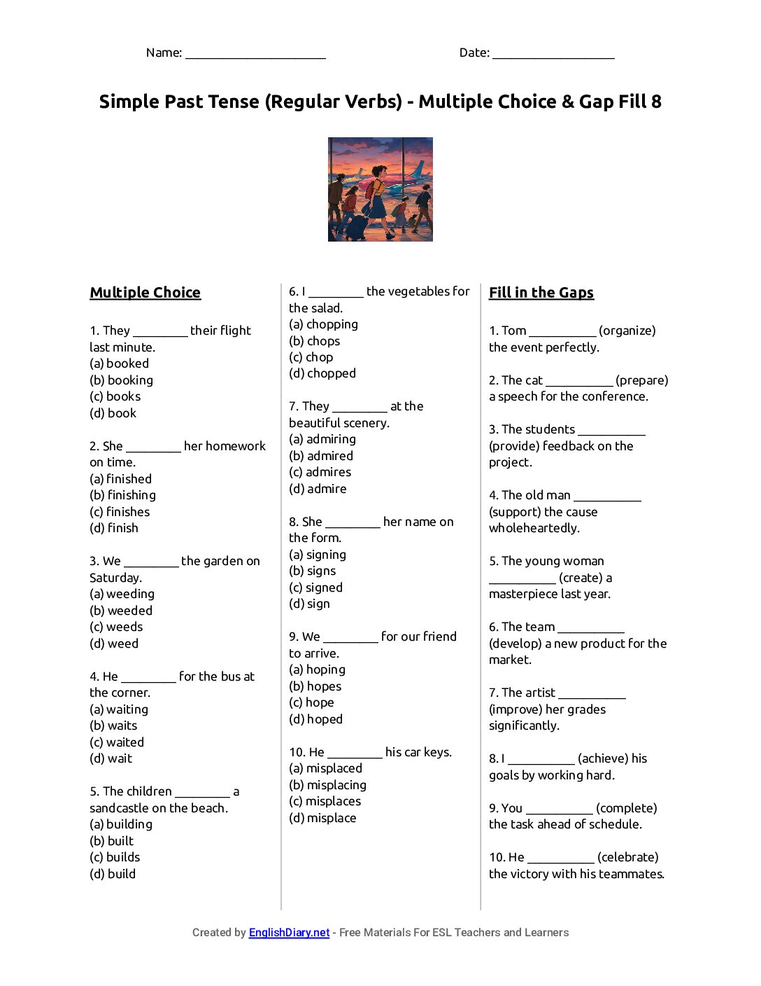 Preview of Simple Past Tense (Regular Verbs) - Multiple Choice & Gap Fill 8 Worksheet
