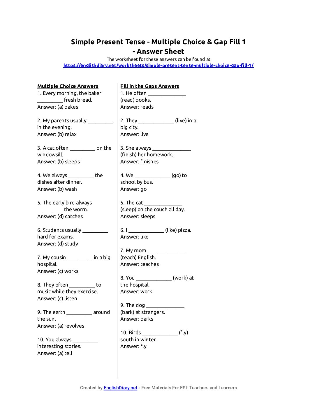 Preview of Simple Present Tense - Multiple Choice & Gap Fill 1 Answer Sheet