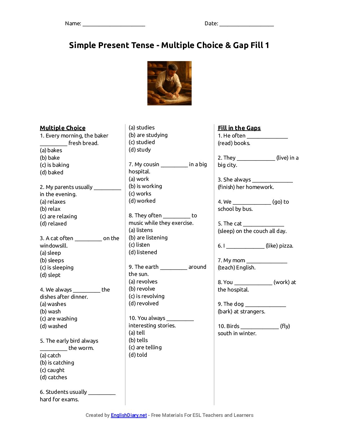 Preview of Simple Present Tense - Multiple Choice & Gap Fill 1 Worksheet