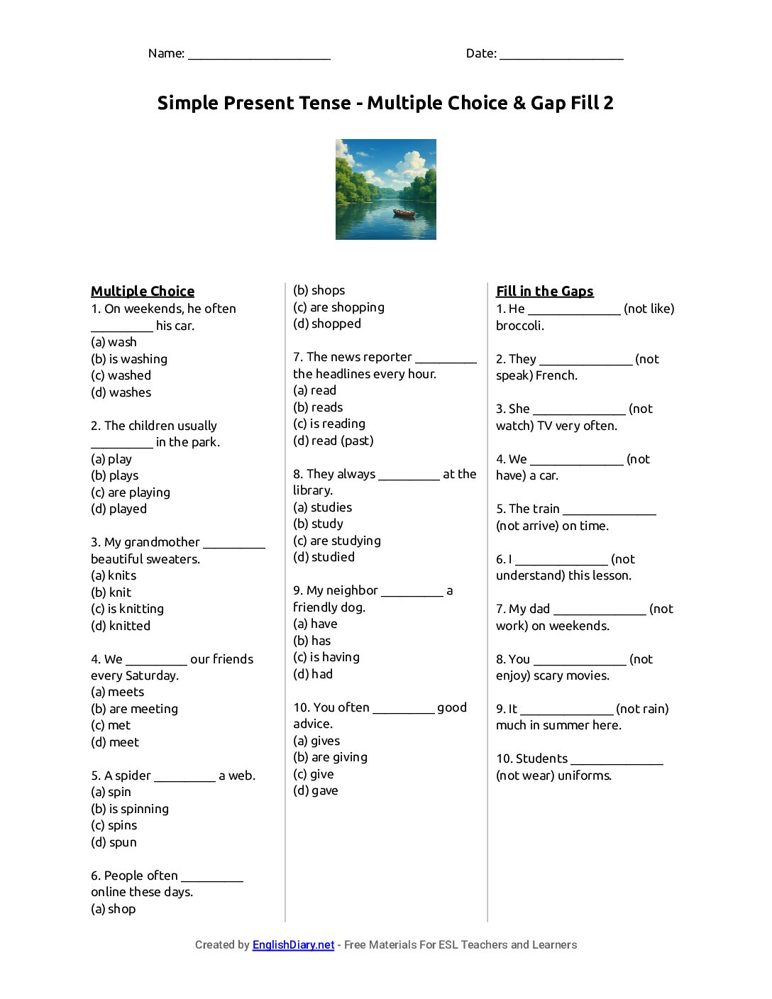 Preview of Simple Present Tense - Multiple Choice & Gap Fill 2 Worksheet
