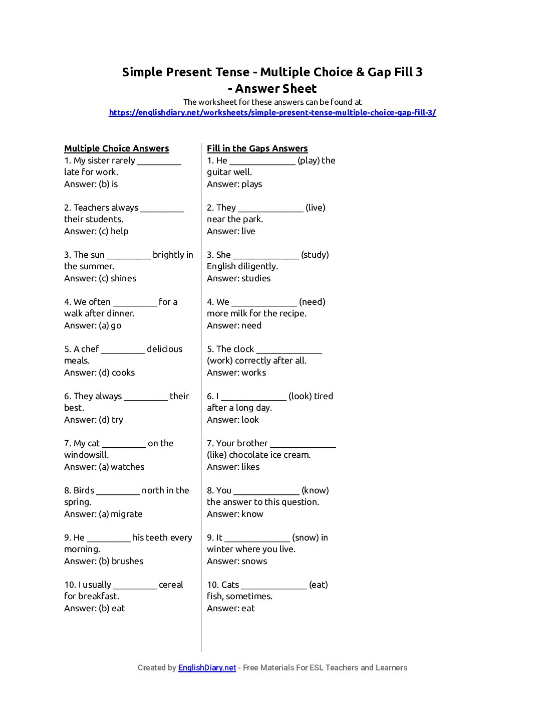 Preview of Simple Present Tense - Multiple Choice & Gap Fill 3 Answer Sheet