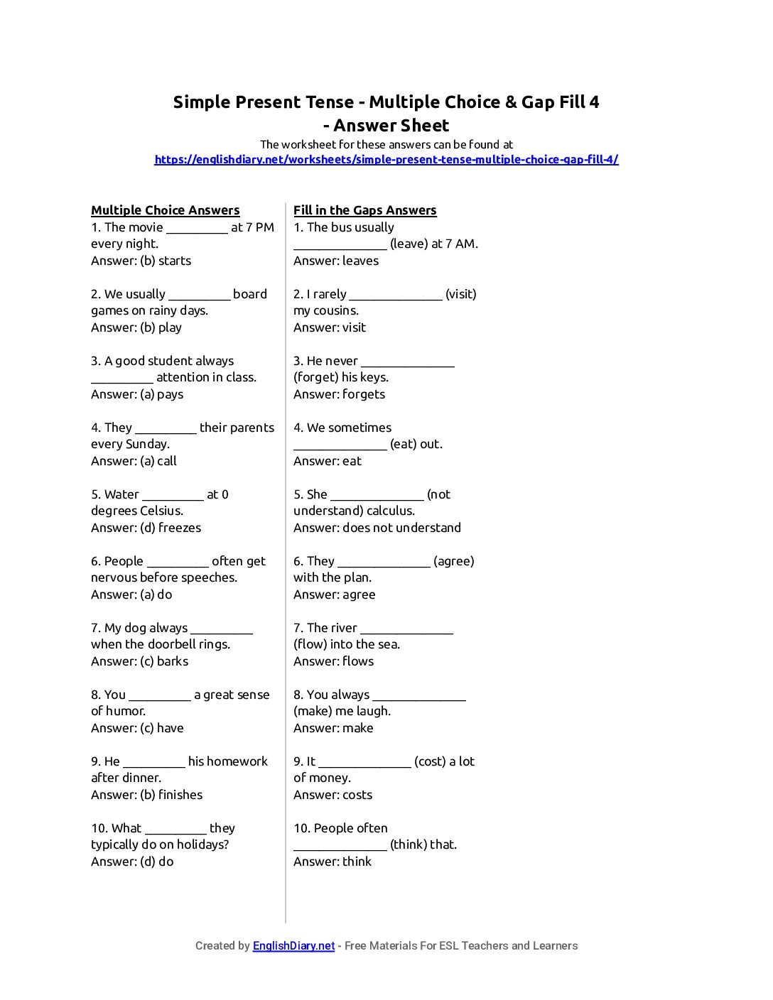 Preview of Simple Present Tense - Multiple Choice & Gap Fill 4 Answer Sheet