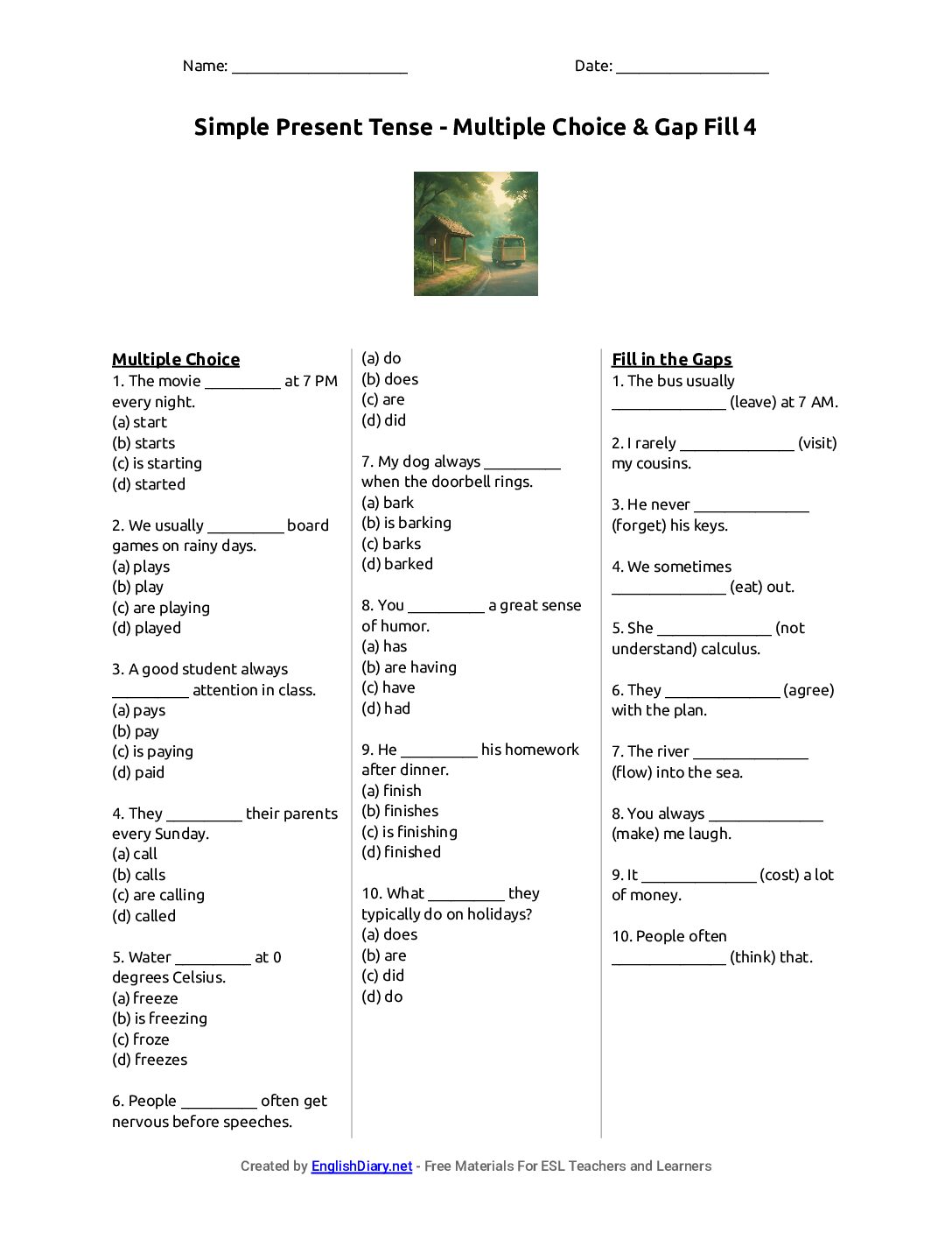 Preview of Simple Present Tense - Multiple Choice & Gap Fill 4 Worksheet