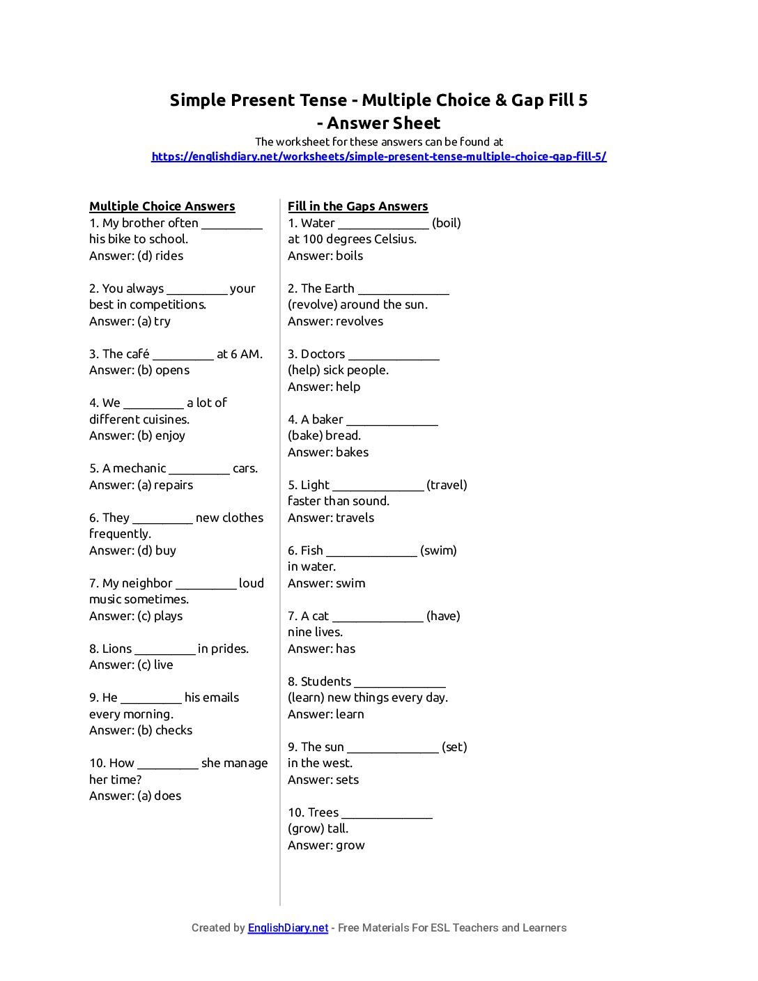 Preview of Simple Present Tense - Multiple Choice & Gap Fill 5 Answer Sheet