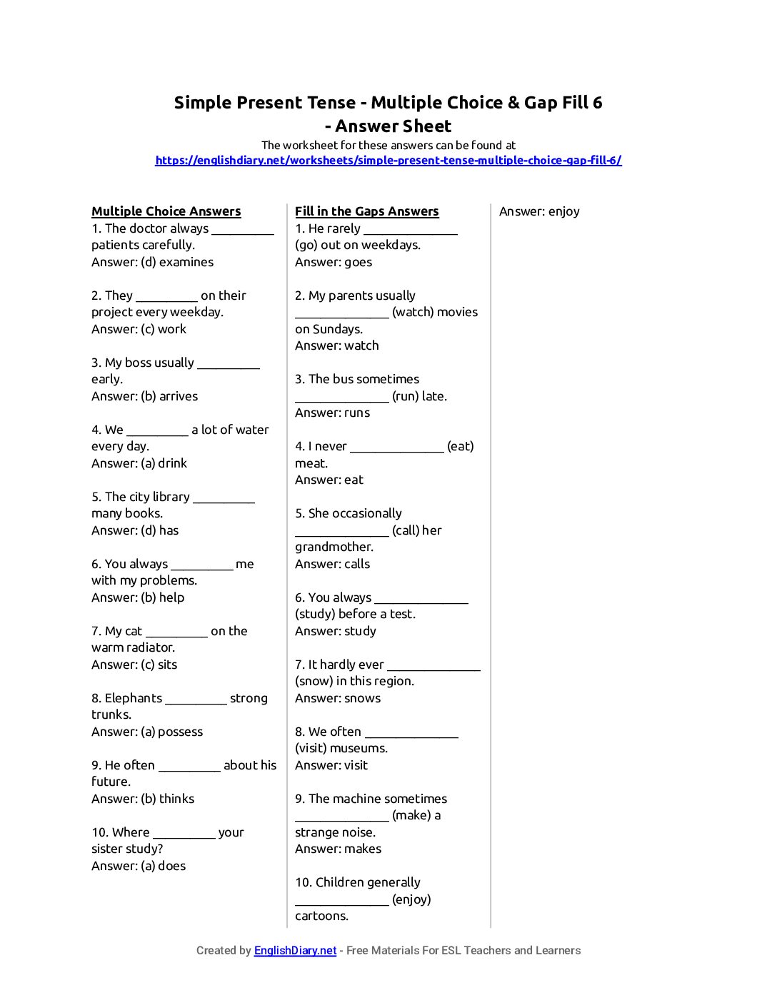 Preview of Simple Present Tense - Multiple Choice & Gap Fill 6 Answer Sheet
