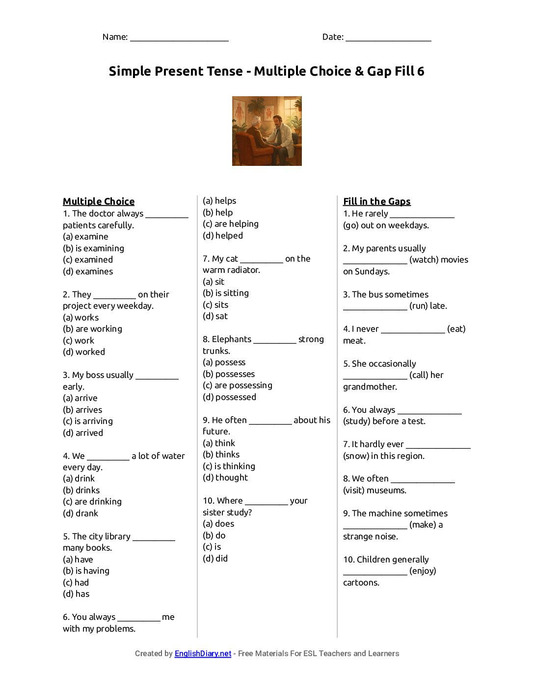 Preview of Simple Present Tense - Multiple Choice & Gap Fill 6 Worksheet
