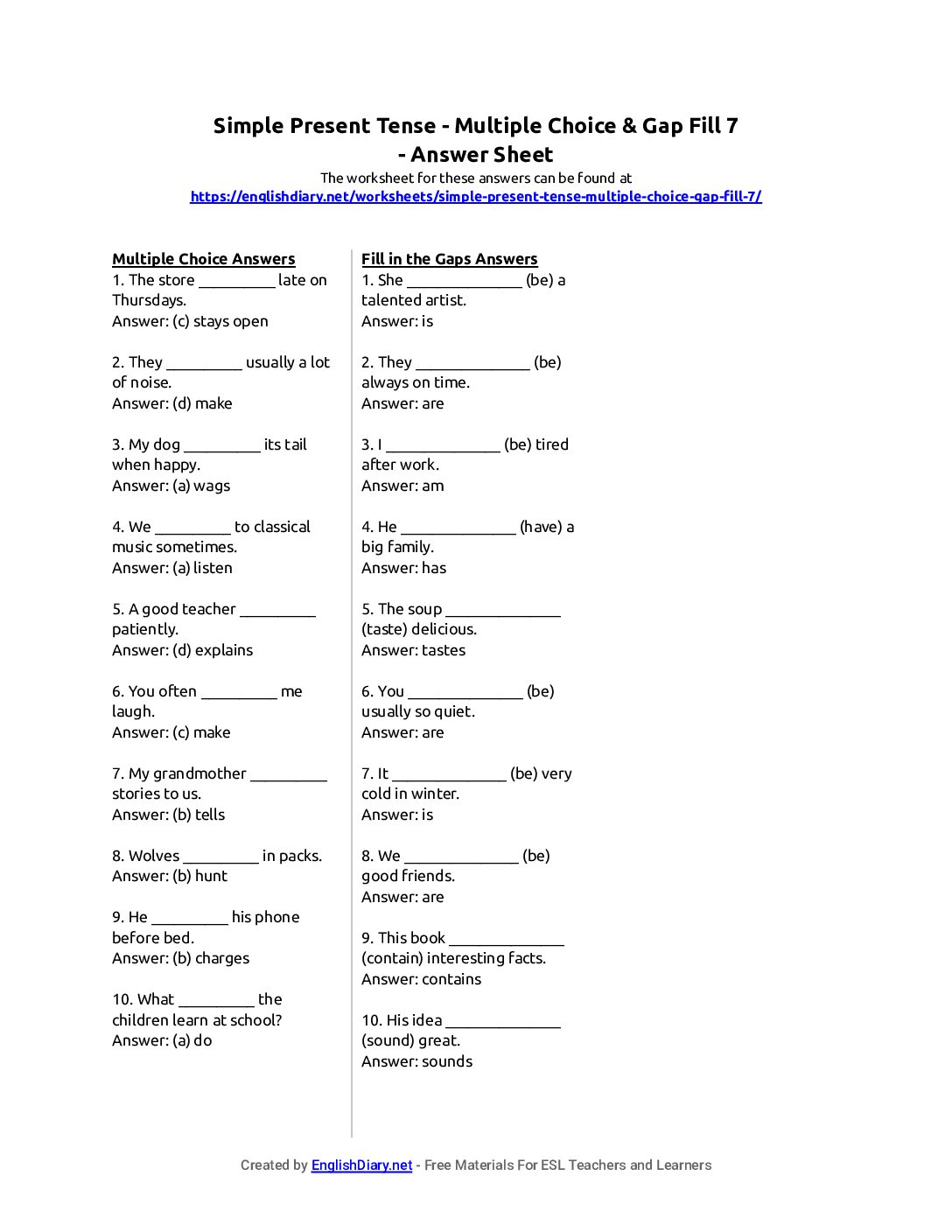 Preview of Simple Present Tense - Multiple Choice & Gap Fill 7 Answer Sheet