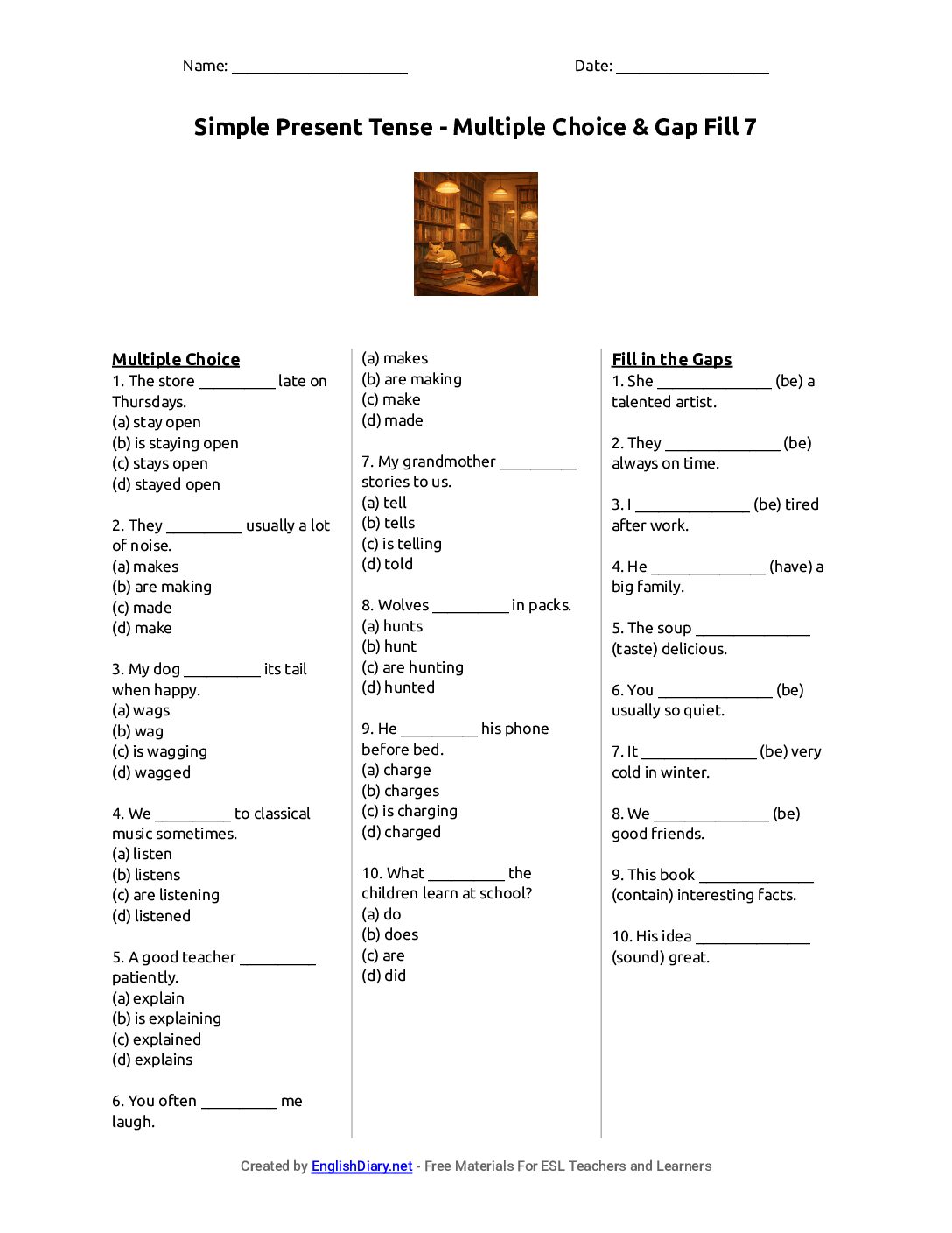Preview of Simple Present Tense - Multiple Choice & Gap Fill 7 Worksheet