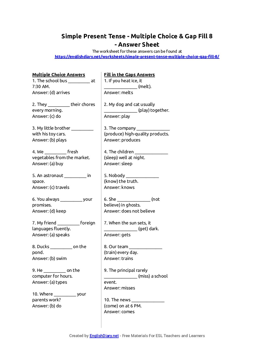 Preview of Simple Present Tense - Multiple Choice & Gap Fill 8 Answer Sheet