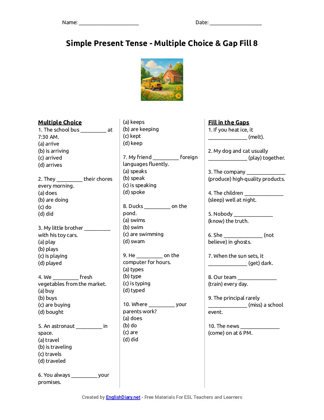 Preview of Simple Present Tense - Multiple Choice & Gap Fill 8 Worksheet