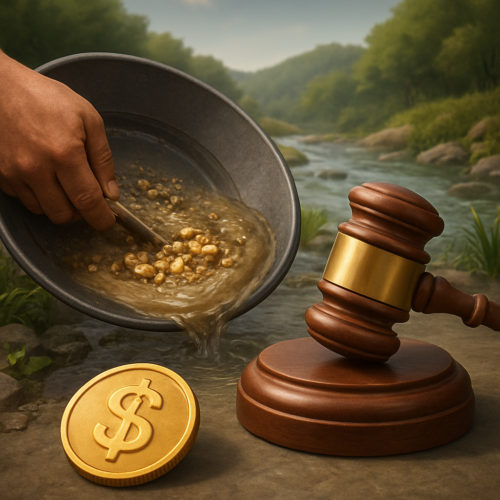 Illegal gold panning disrupts river ecosystems and leads to heavy fines.